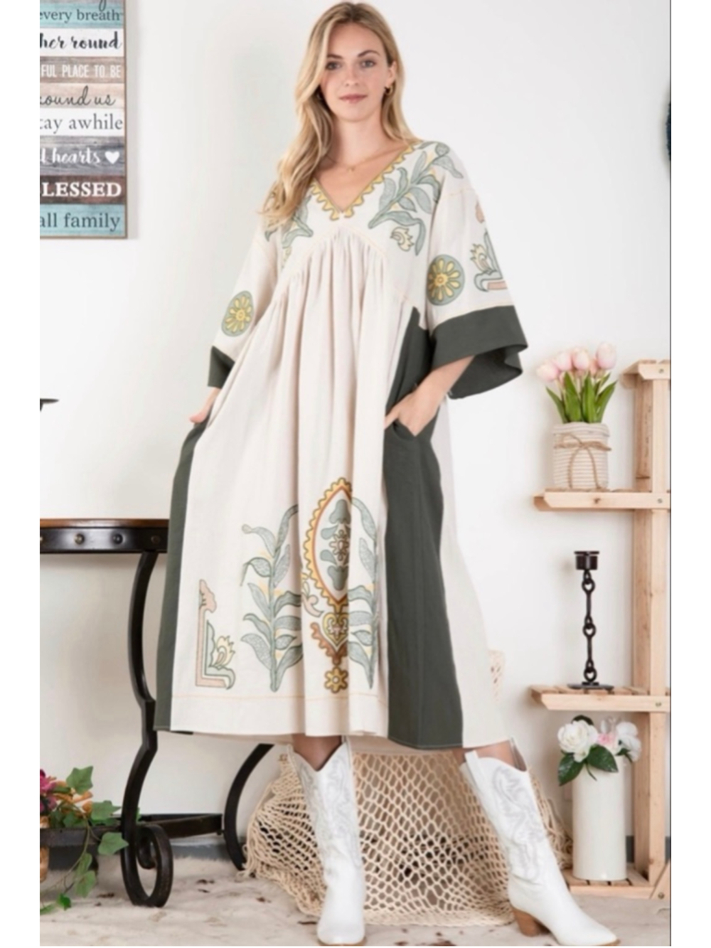 Blue Velvet Boutique Deep V Neck Embroidered Linen/Cotton Dress in Taupe/Olive M